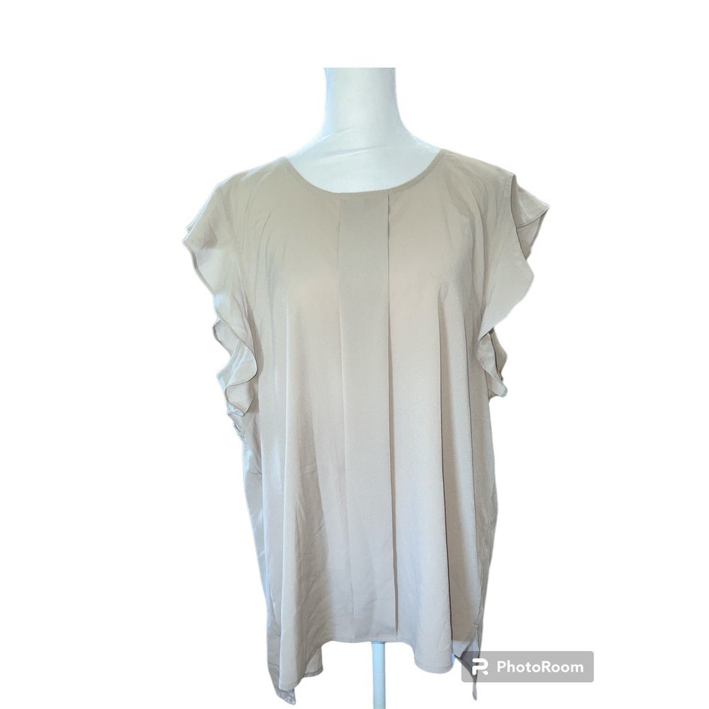 Banana Republic Womens XL Tan Beige Flutter Ruffle Sleeve Pleated Blouse 384448